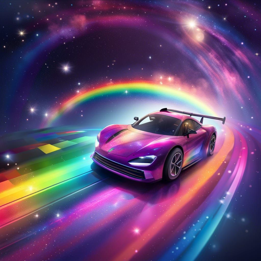 Racecar on Rainbow Road Through Galaxy