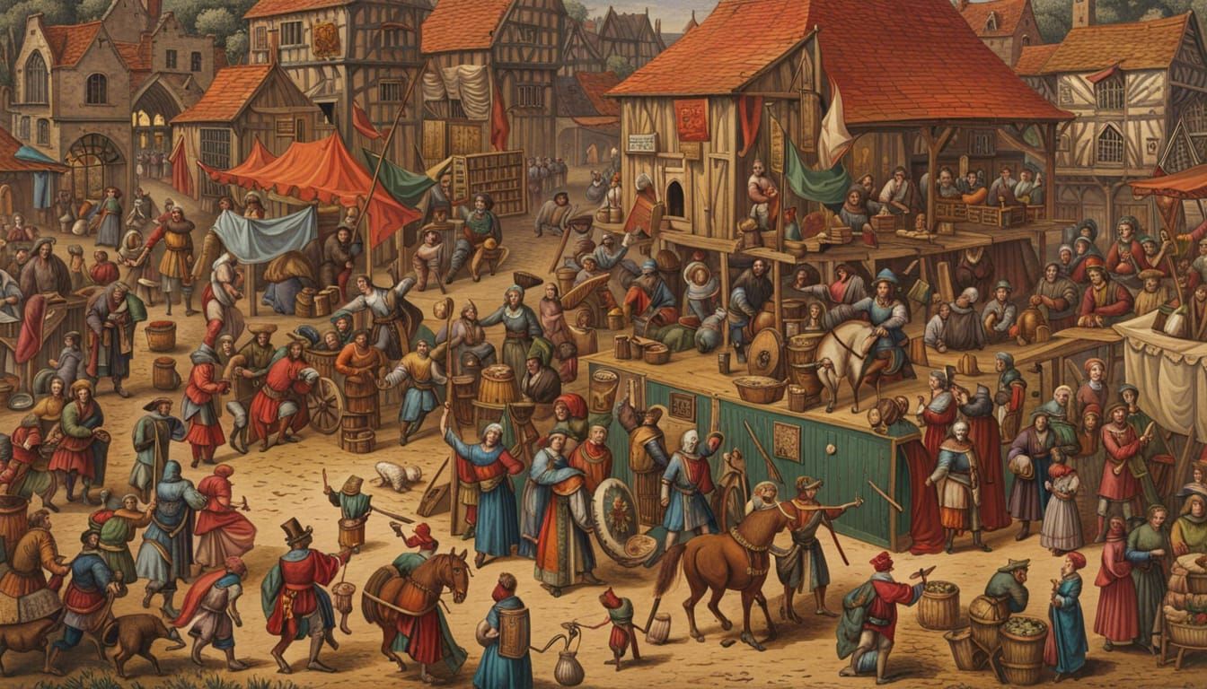 A medieval street market so busy it resembles a Where's Wally picture