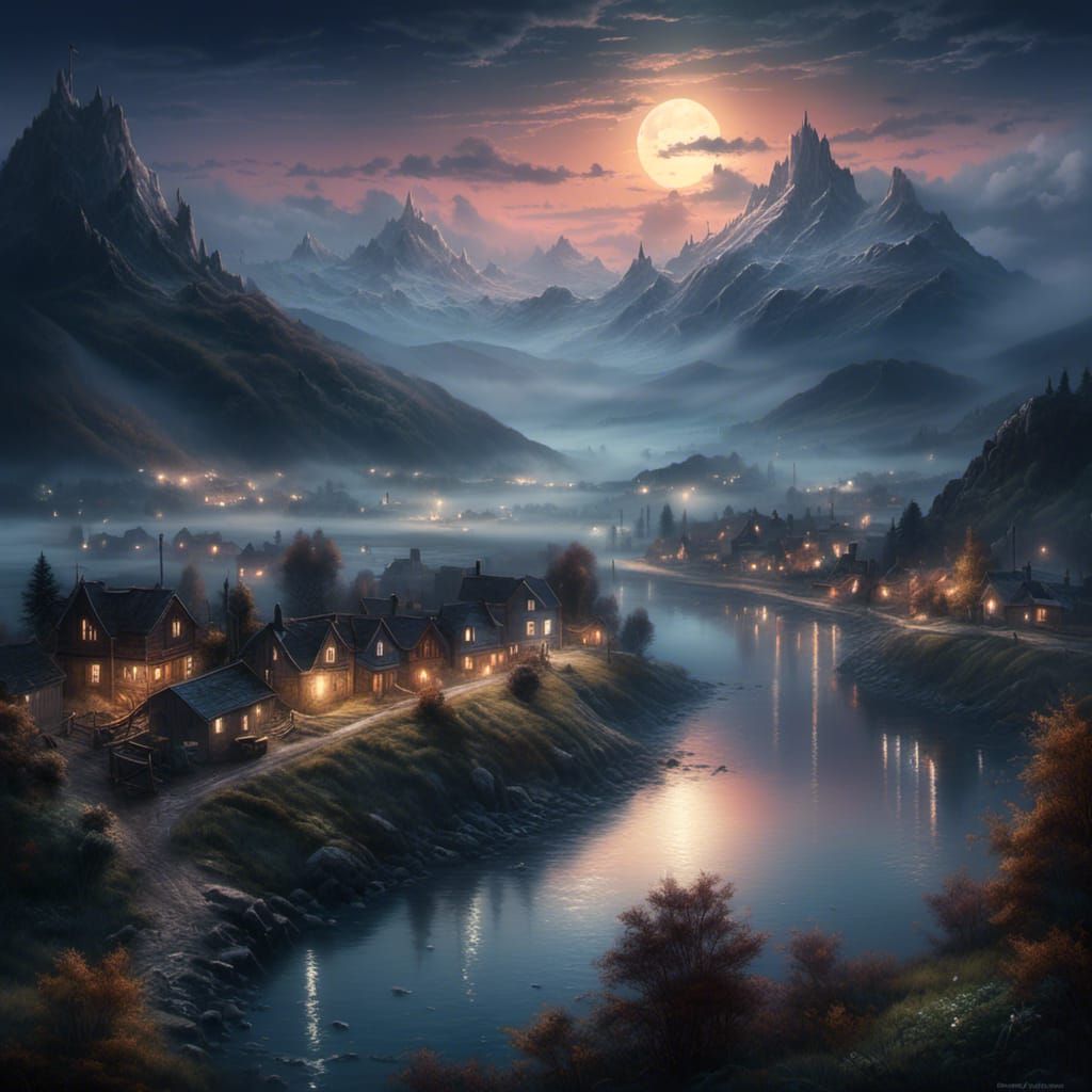 Hyperrealistic Seaside Town at Night in Moonlight