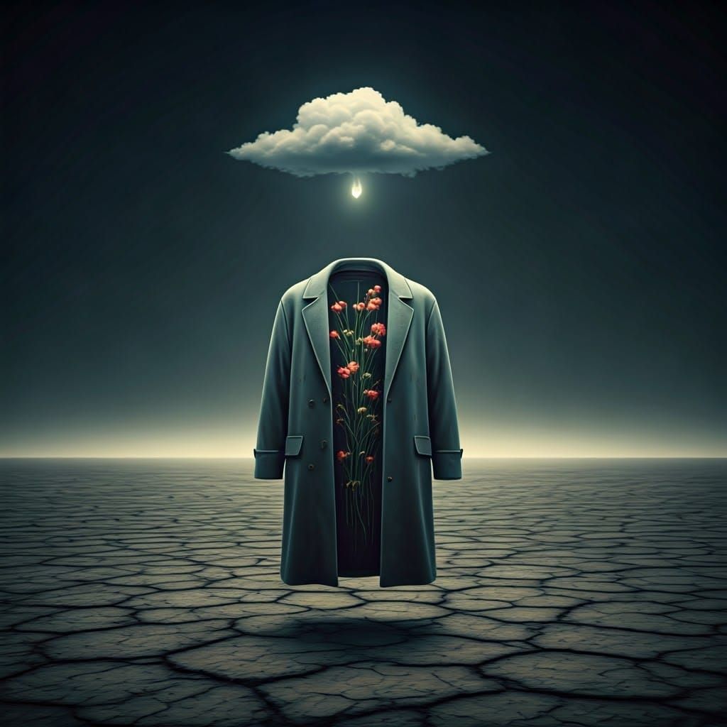 Surreal Minimalist Scene with Wilting Flowers and a Single C...