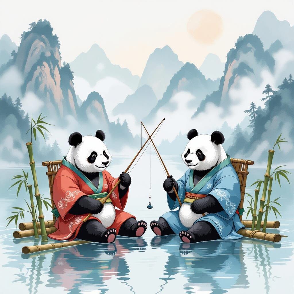 Pandas Fishing in Misty Mountains, Watercolor Style