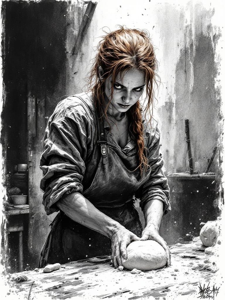 Redhead Baker Kneading Dough in Post-Apocalyptic Kitchen