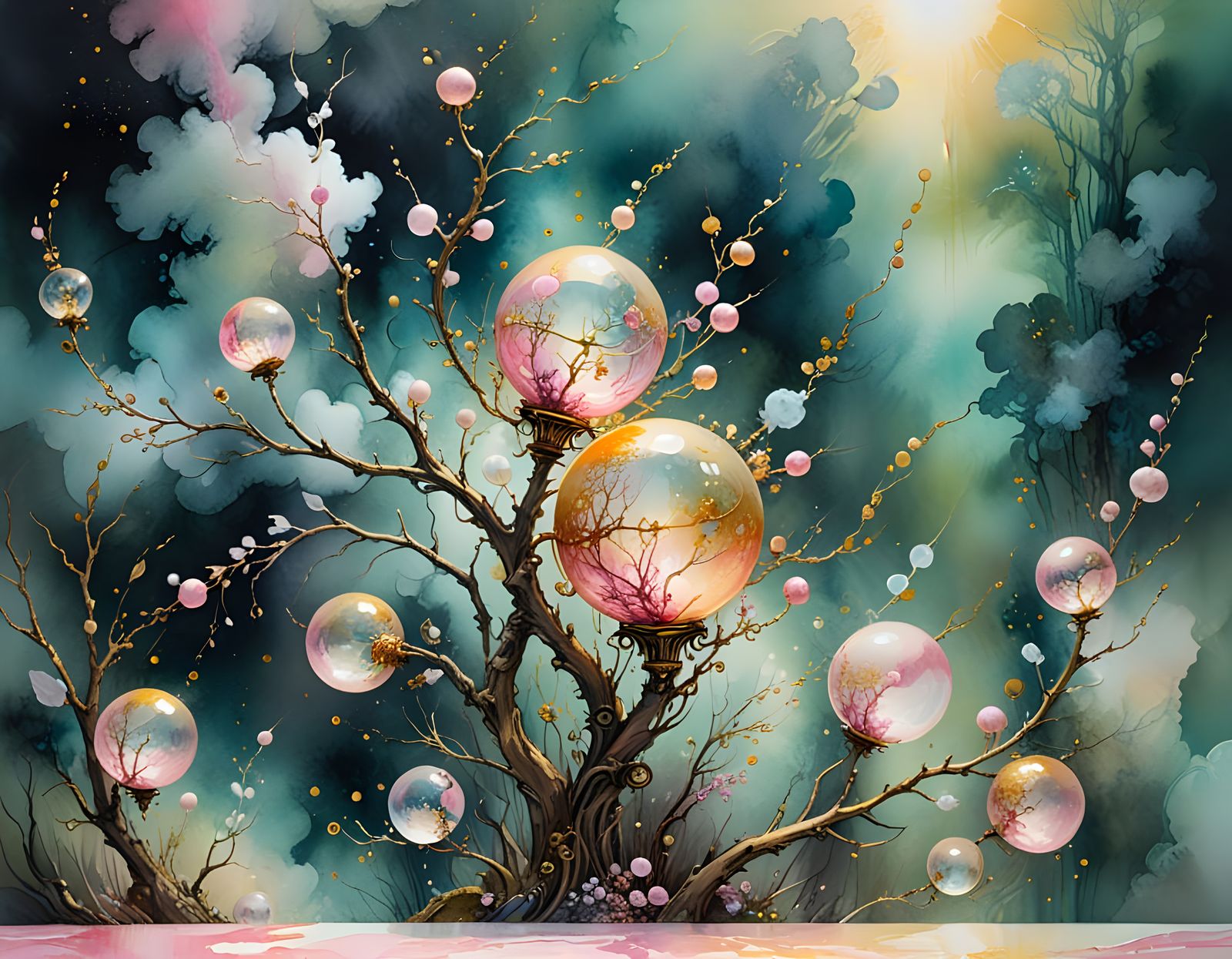 Bioluminescent Spheres in Spring, Watercolor Impasto Paintin...