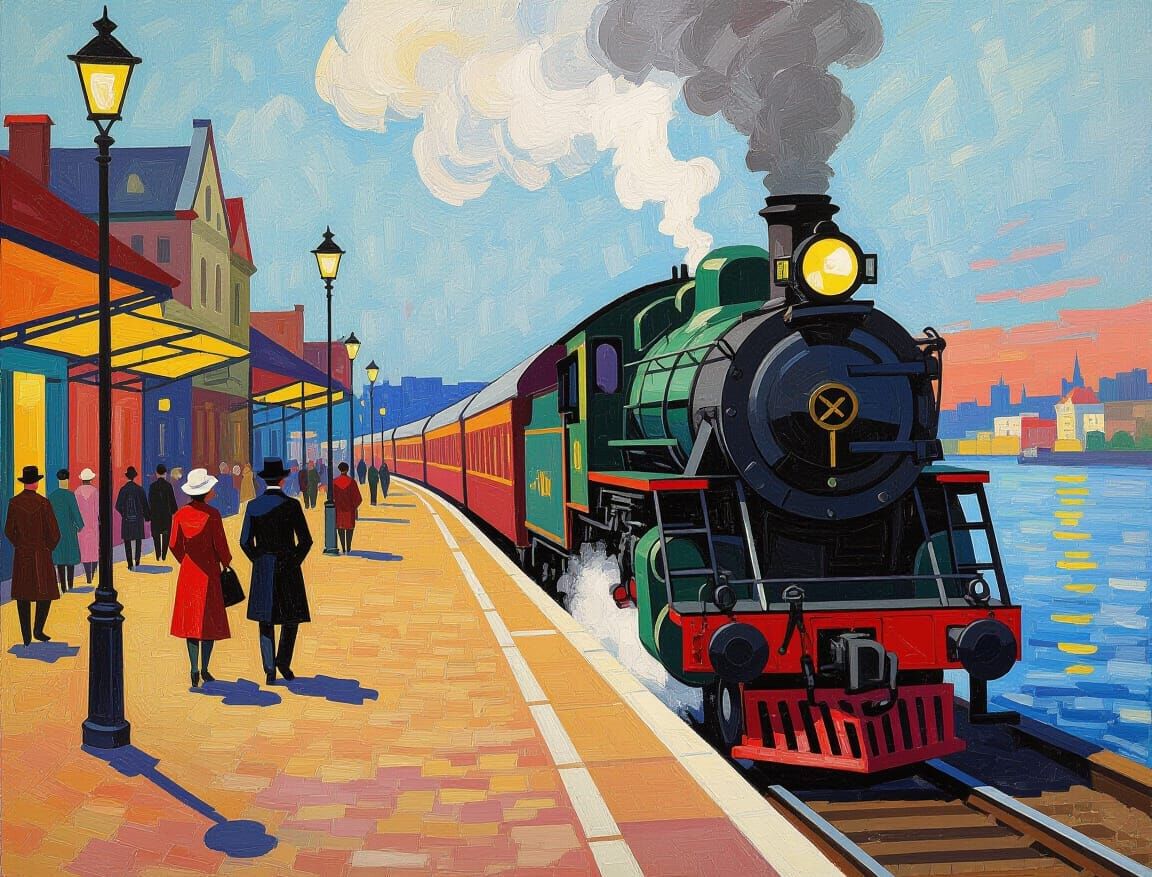 Vibrant Pointillist Train Station Scene in Seurat Style