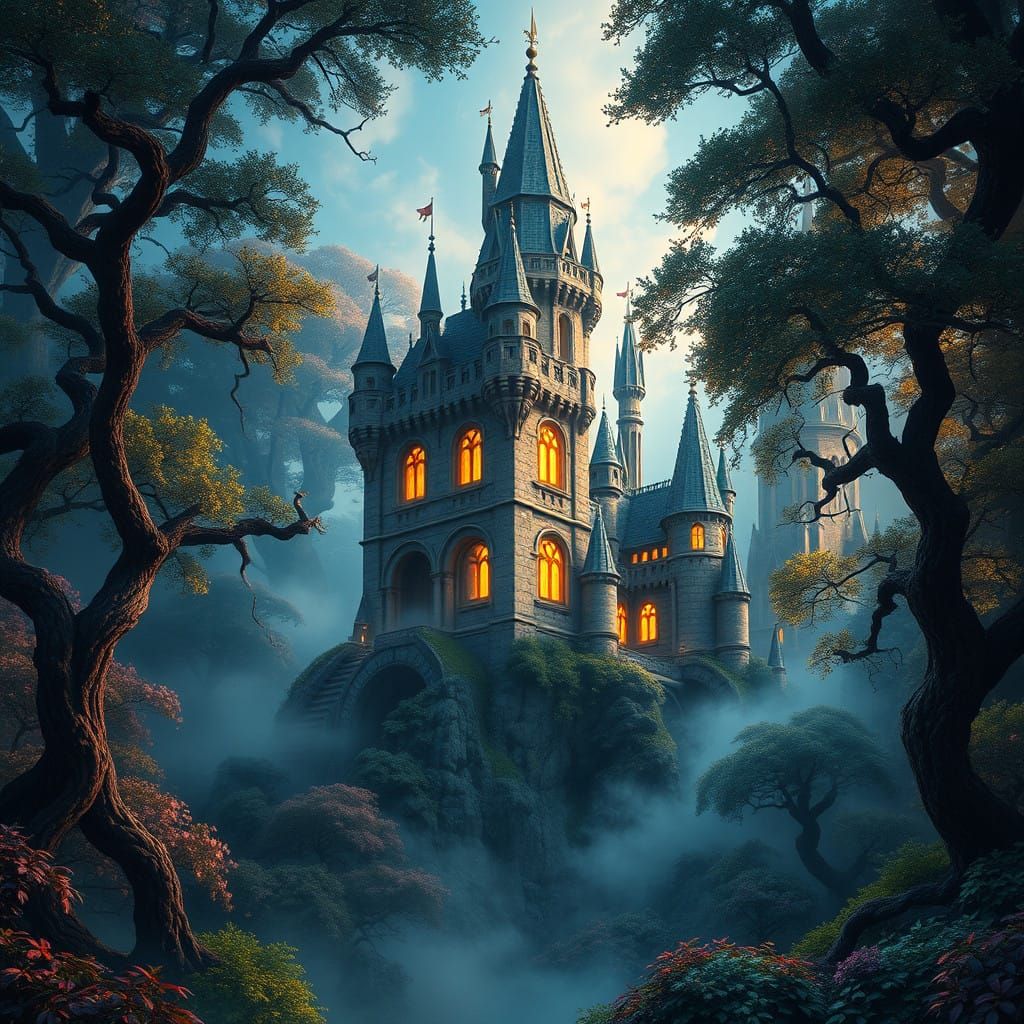 Enchanted Castle in Vibrant Forest Glade