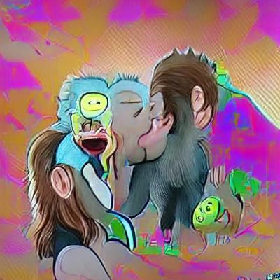 rick and morty kissing a gorilla on the mouth with tongue