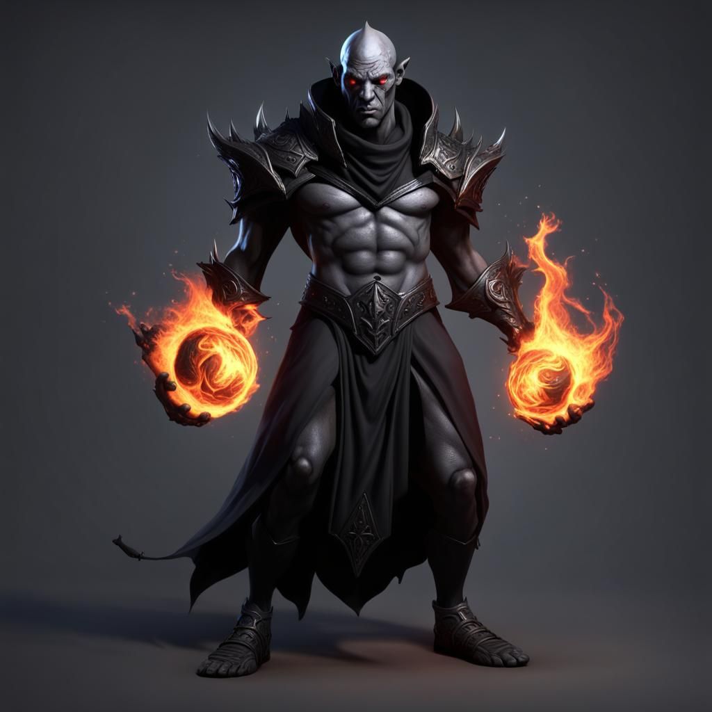Half-Drow Half-Ogre Sorcerer Casting Fireball in 3D