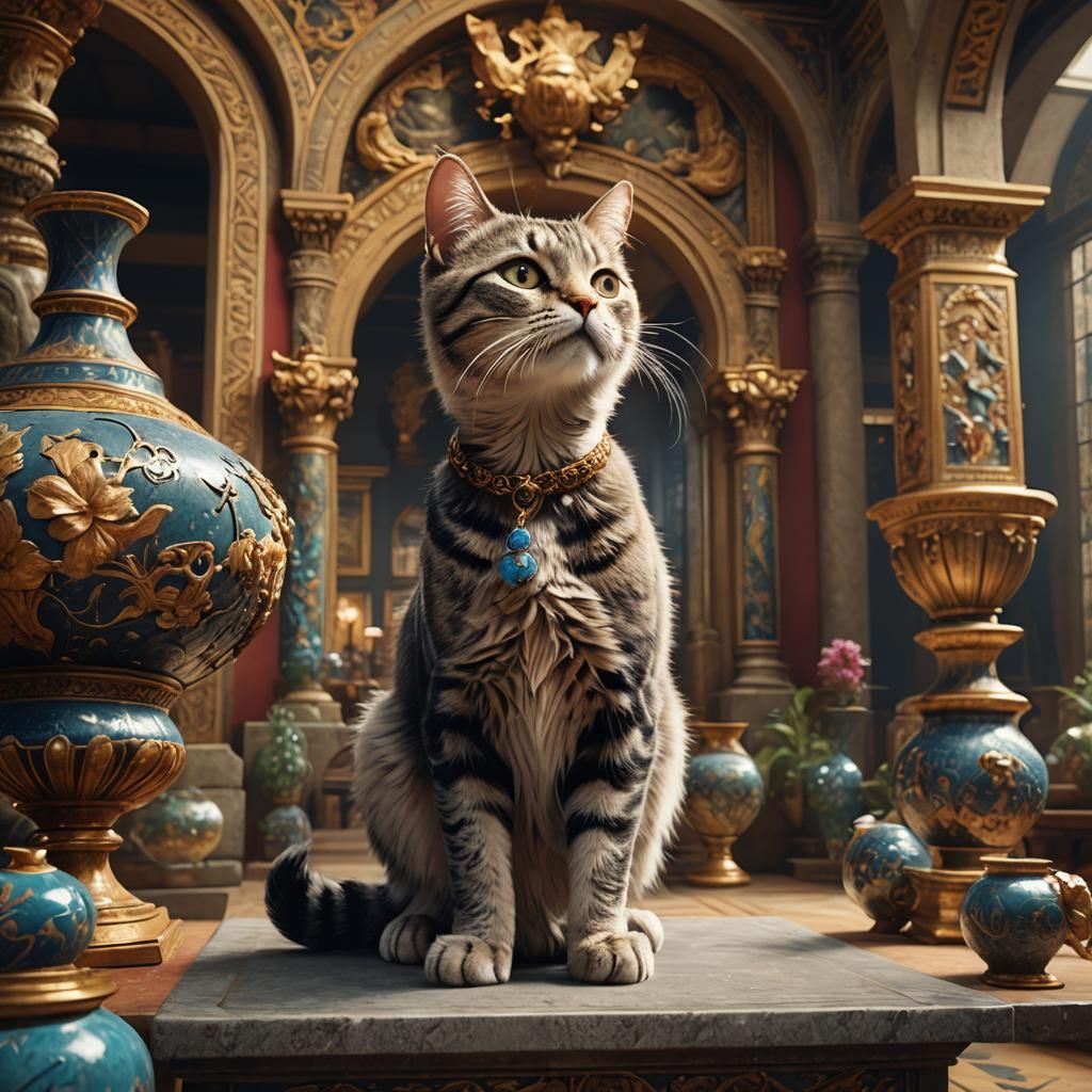 Innocent Cat Knocks Over Vase: Detailed Matte Painting