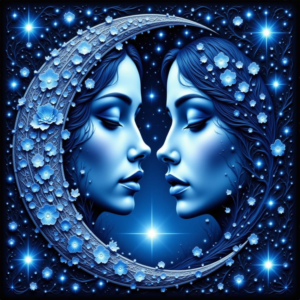 Two Blue Moon Faces in Starry Indigo Sky