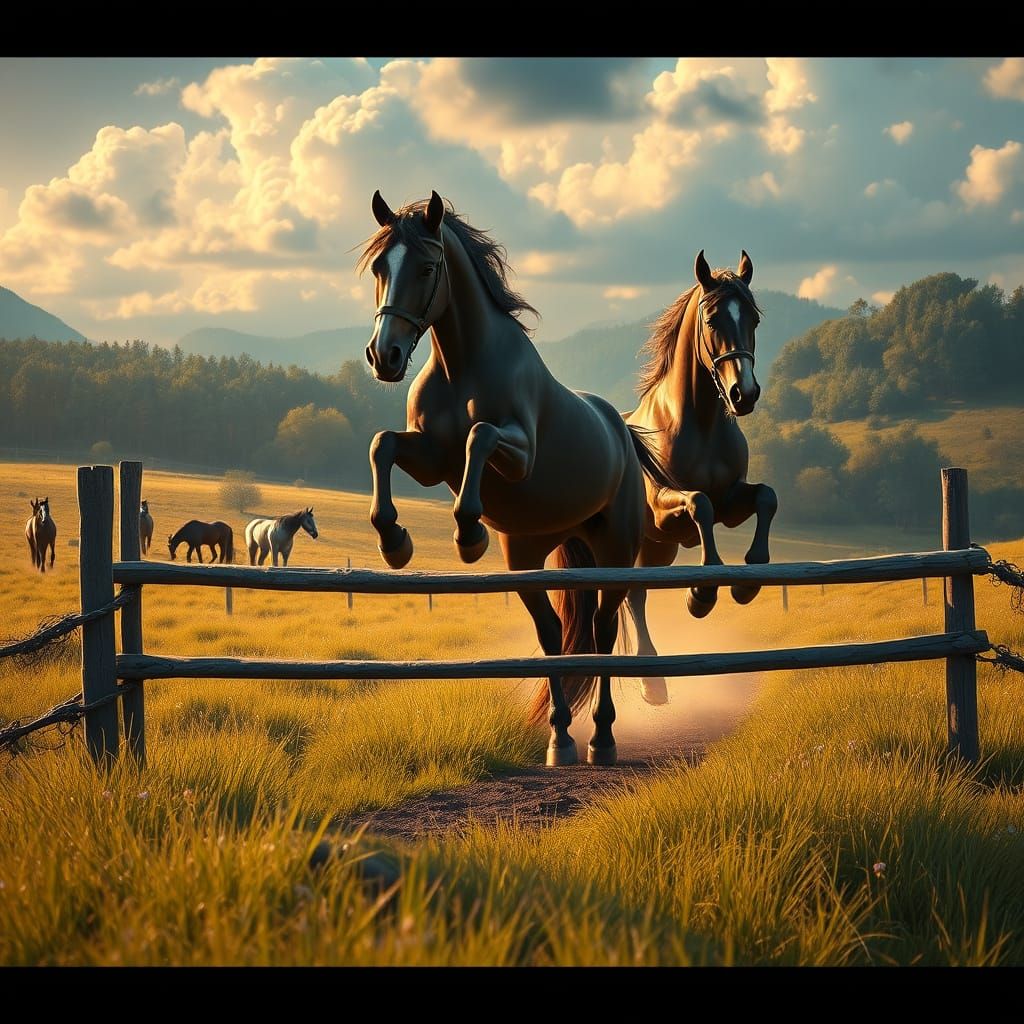 Horses Leaping Hurdle in Lush Meadow, Matte Painting