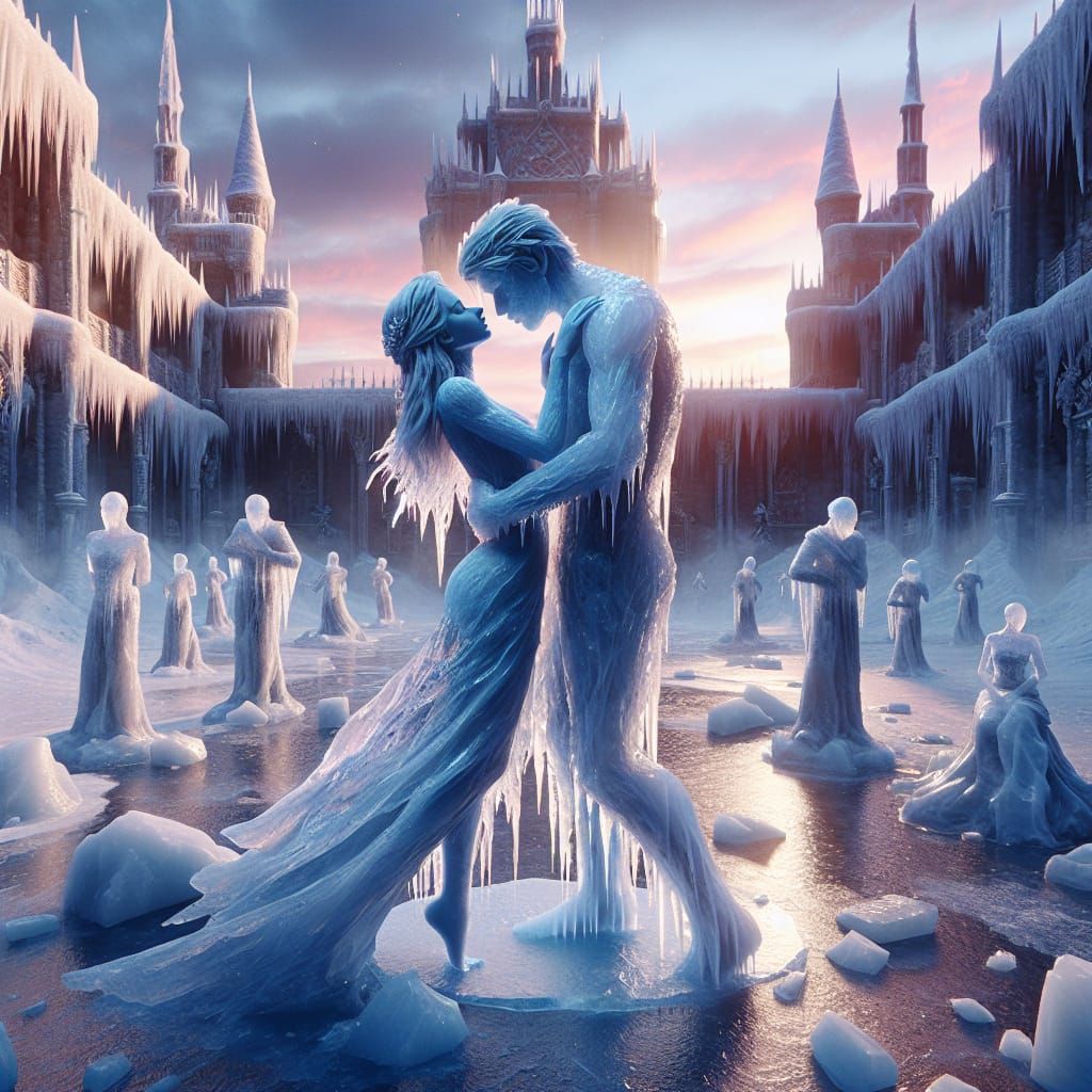 two lovers kissing (male and female turned into solid ice) a...