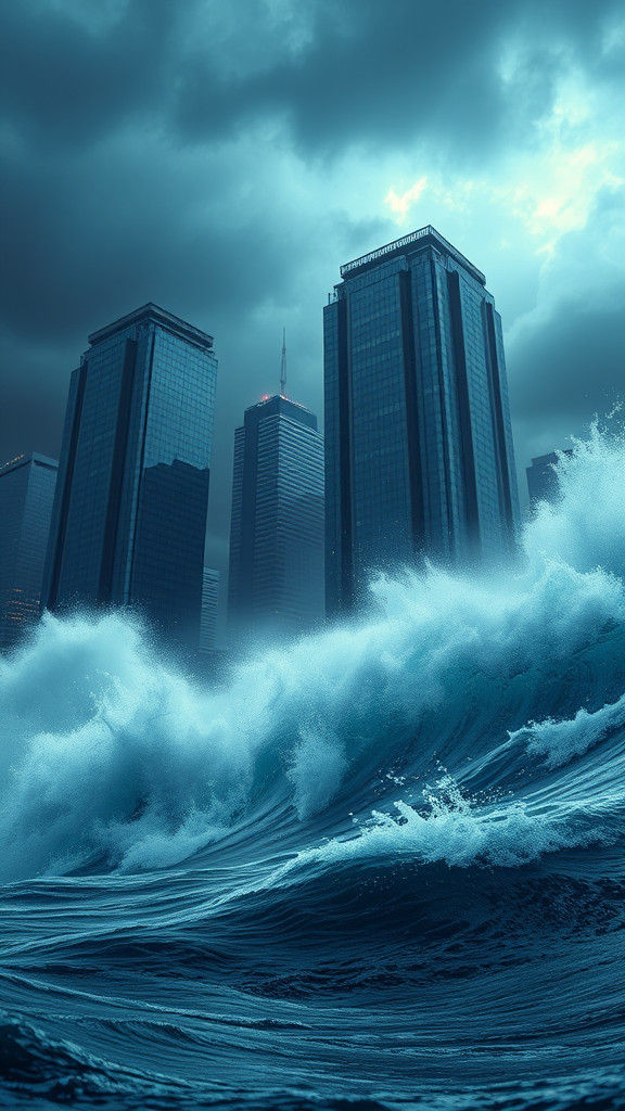 Skyscrapers Overwhelmed by Giant Waves in Storm