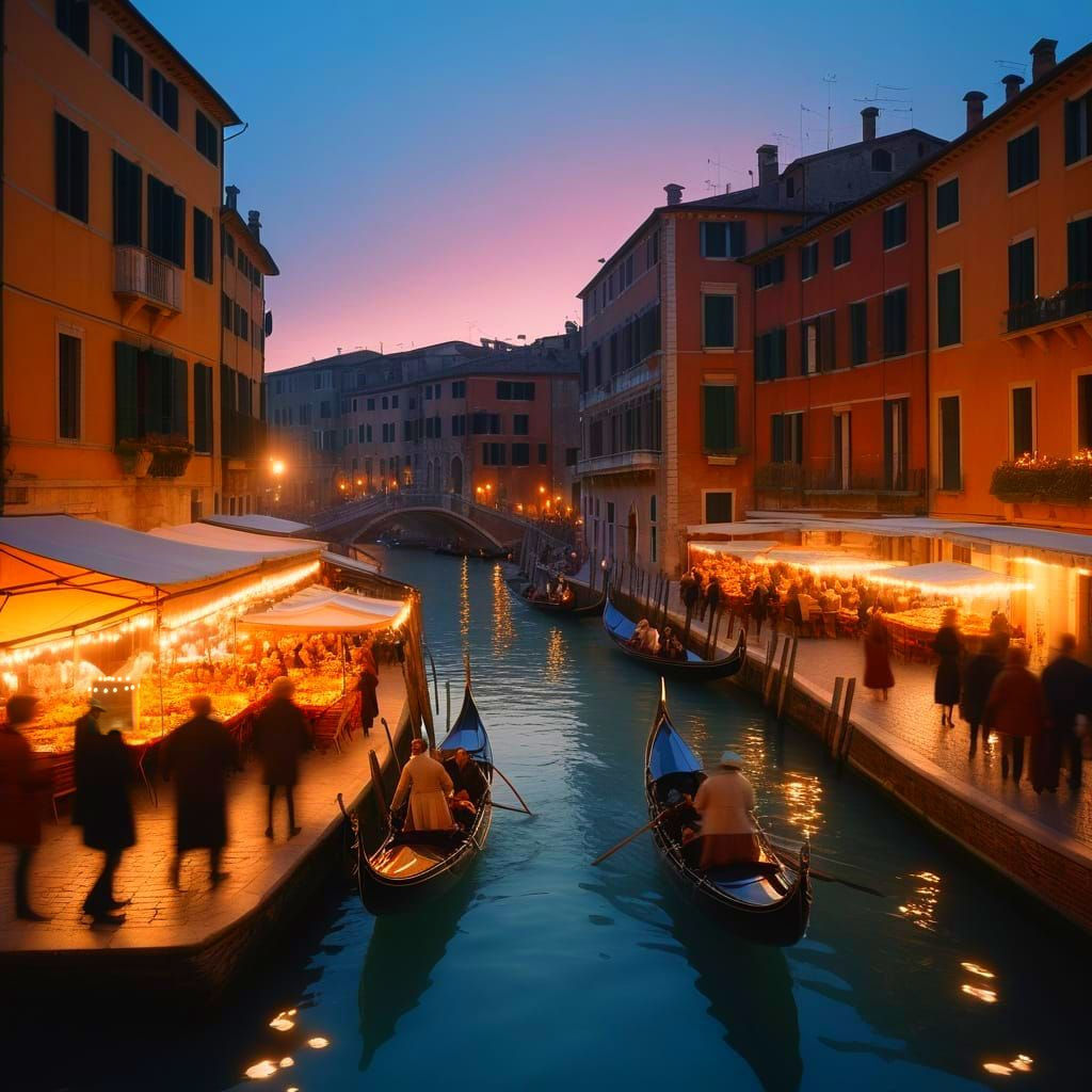 Twilight Italian Piazza Scene with Cinematic Film Grain