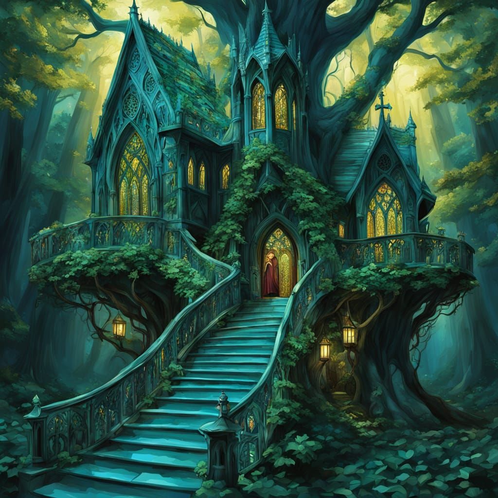 Treehouse Cathedral: Gothic Architecture in Emerald and Gold