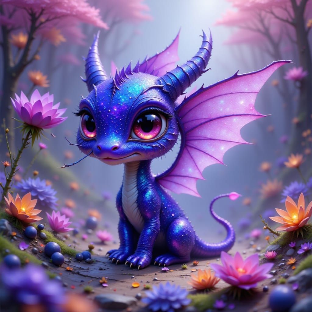 Iridescent Blueberry-Dragon Hybrid in Dreamy Landscape