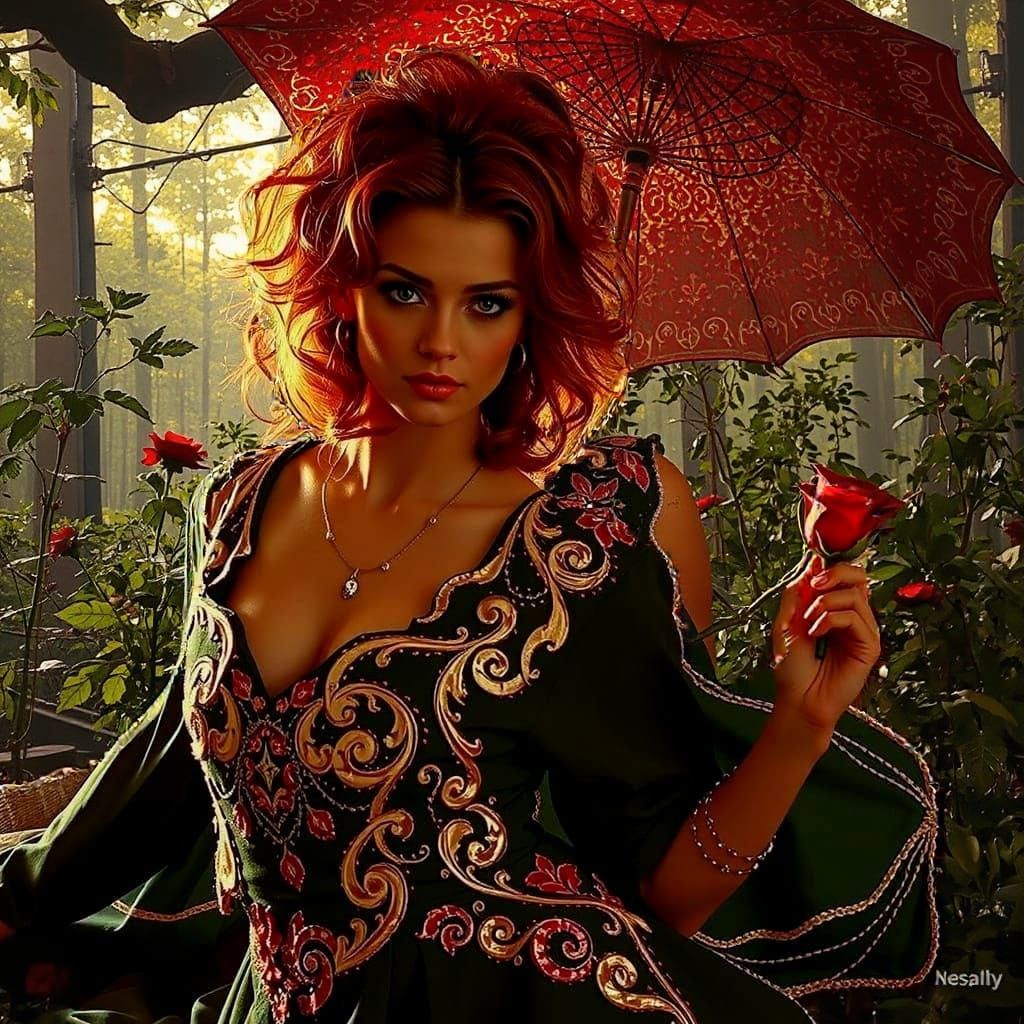 Woman with Rose in Misty Forest