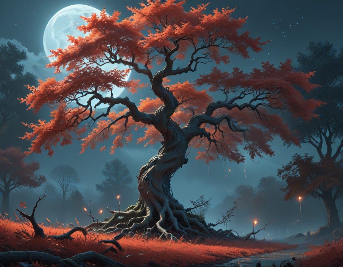 Twisted Red Maple in Moonlit Dreamscape