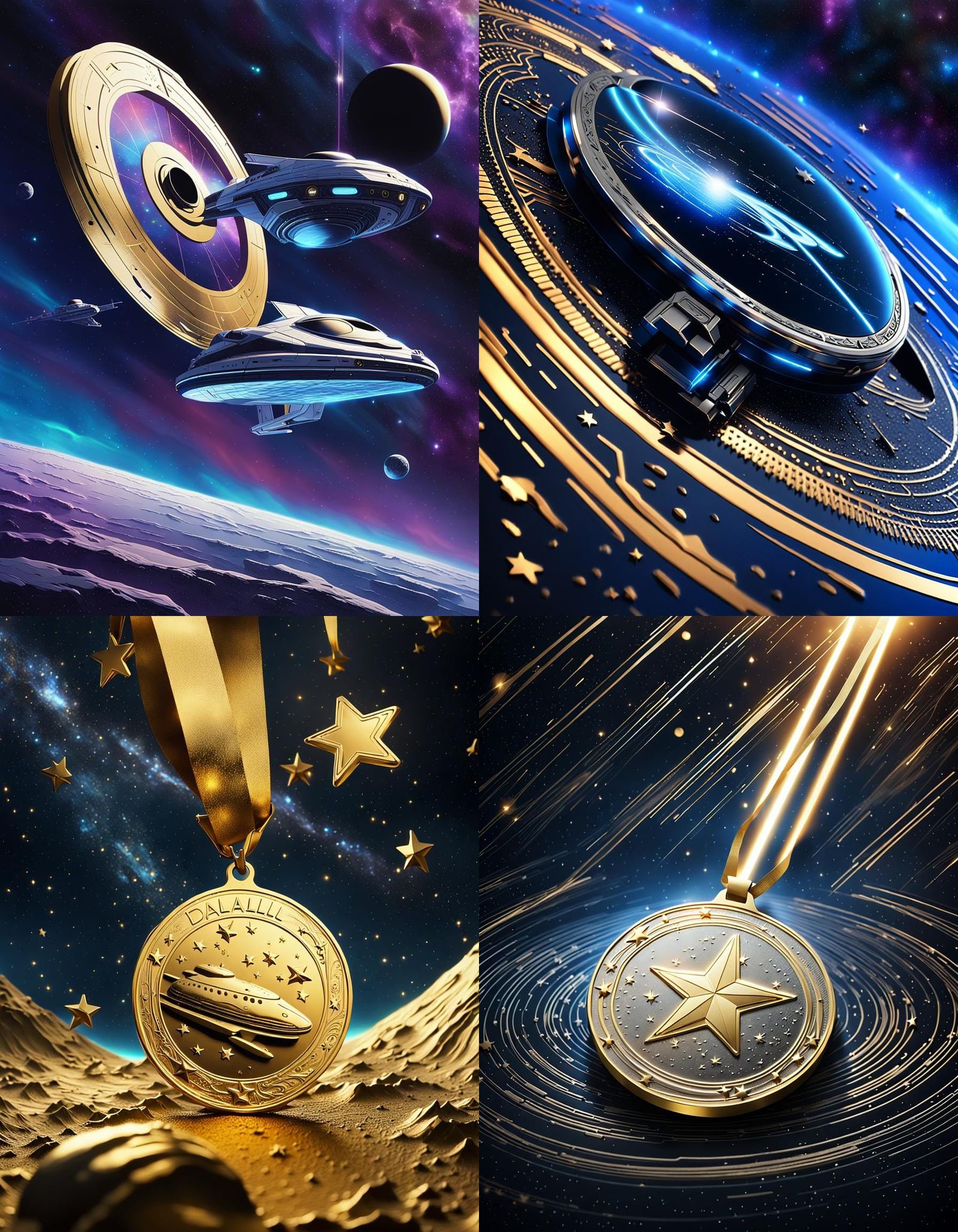 Gold Medal with Starship Floating in Space