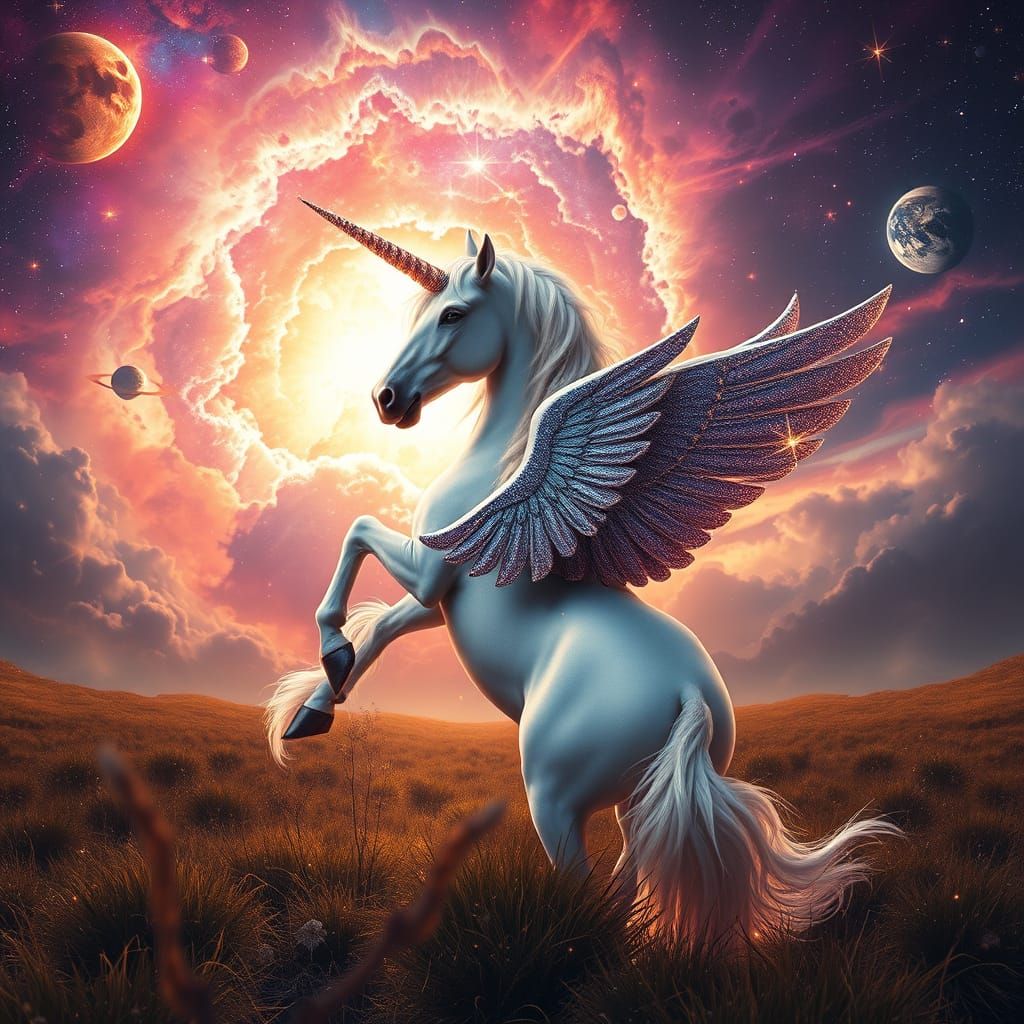 Celestial Unicorn Rearing in Starry Field