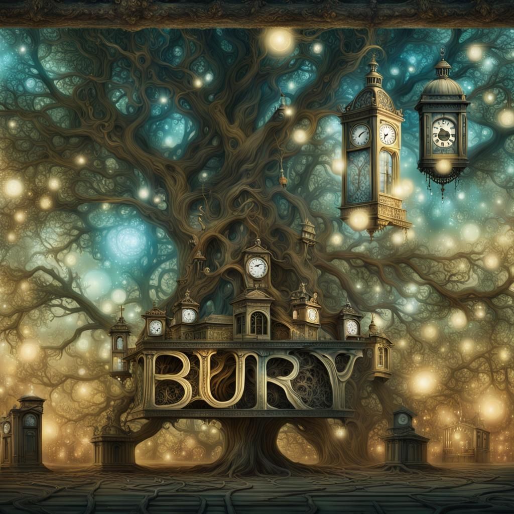 Majestic Time Tree with Ethereal Clocks