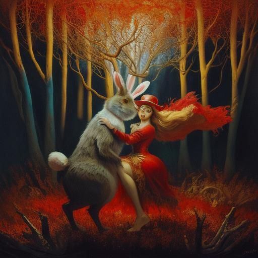 Rabbit in Red Hat: Surreal Oil Painting