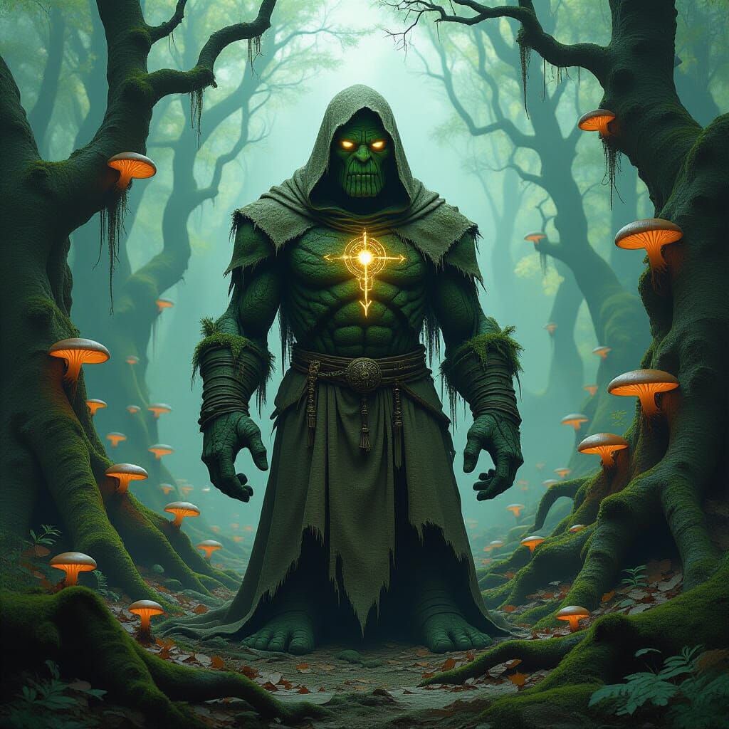 Moss-Covered Stone Golem in Eerie Forest