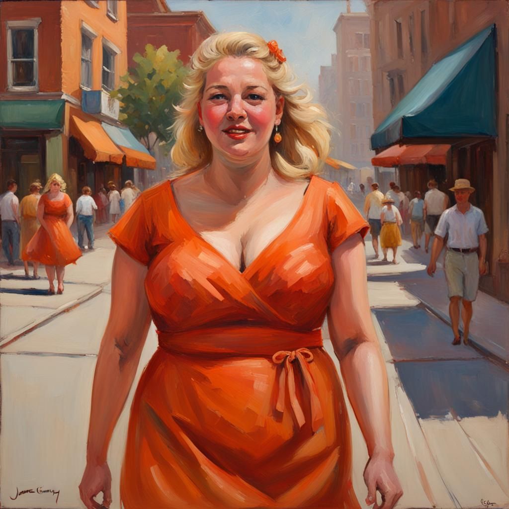 Woman in Orange Dress Strolls City Street