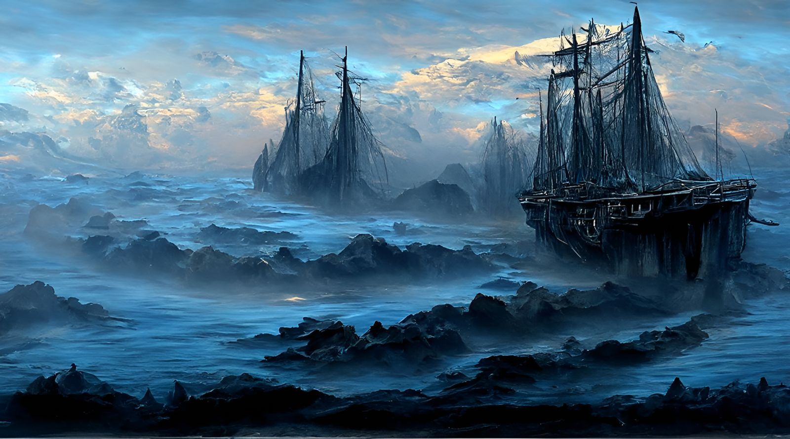 Haunted Ship on Dark Seas: Waterscape Painting