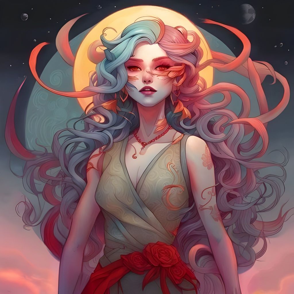 Stunning Oni with Rainbow Hair in Digital Art