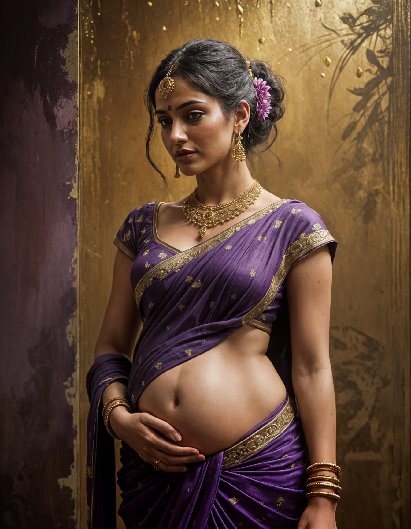 Intricate Portrait of Pregnant Hindi Woman in Whimsical Oil....