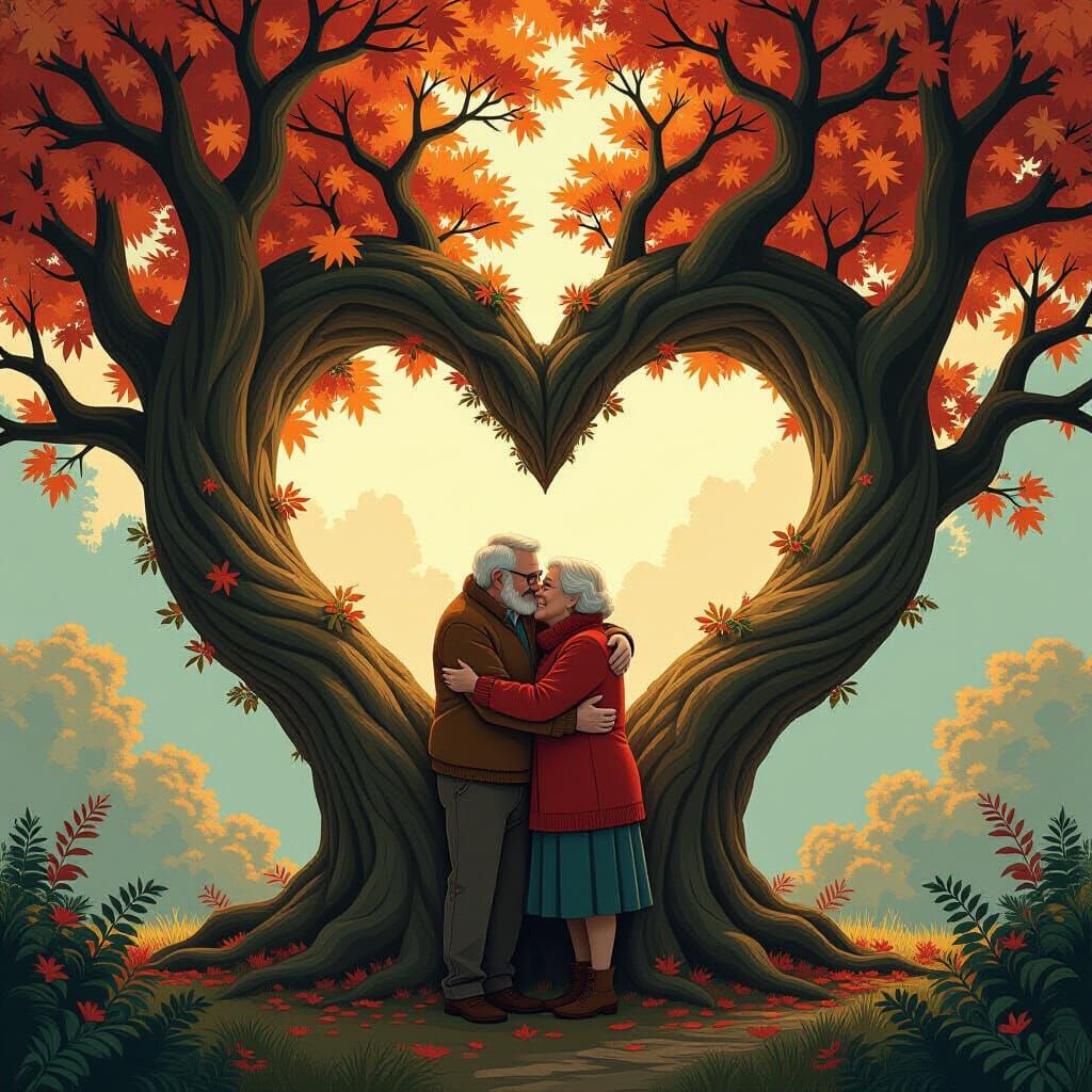 Elderly Couple Embraces Within Heart Tree, Fantastical Matte...