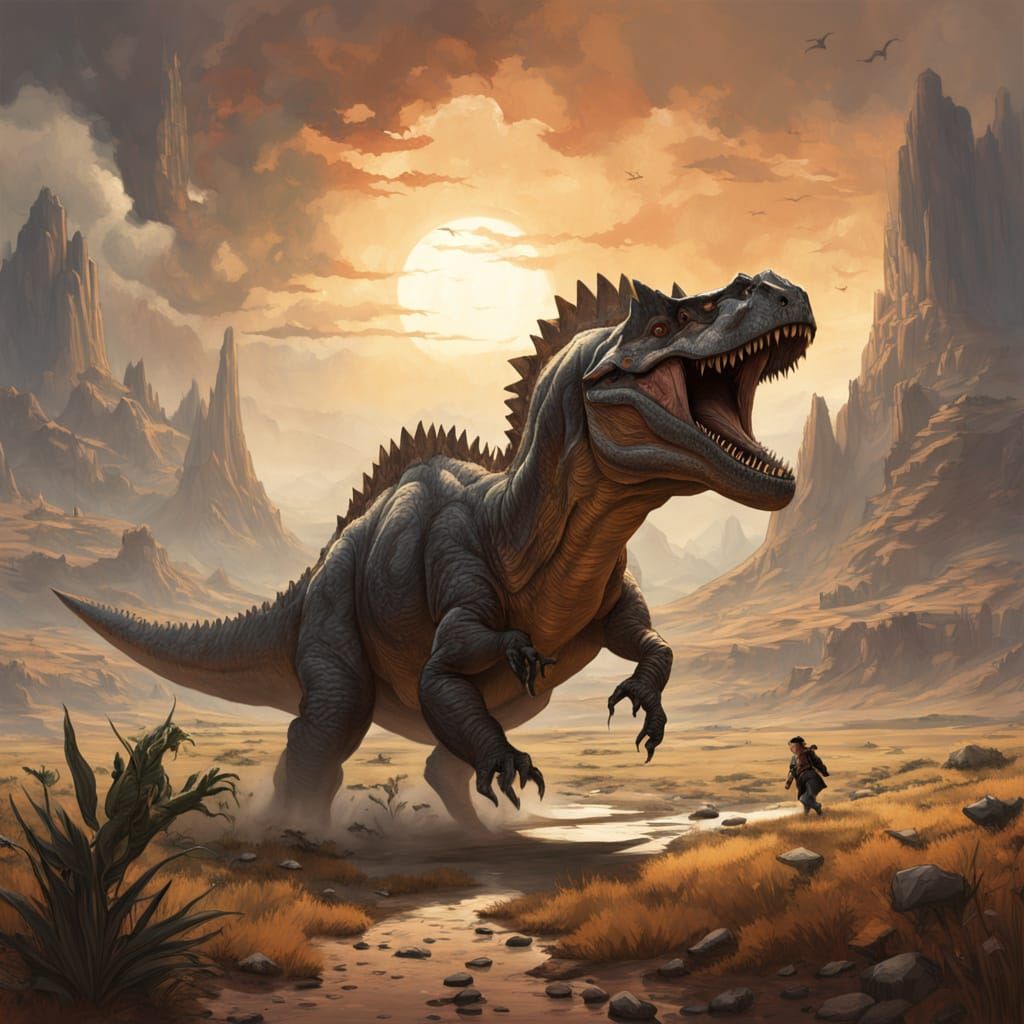 Cowboy on Tyrannosaurus Rex in Dark Fantasy Landscape