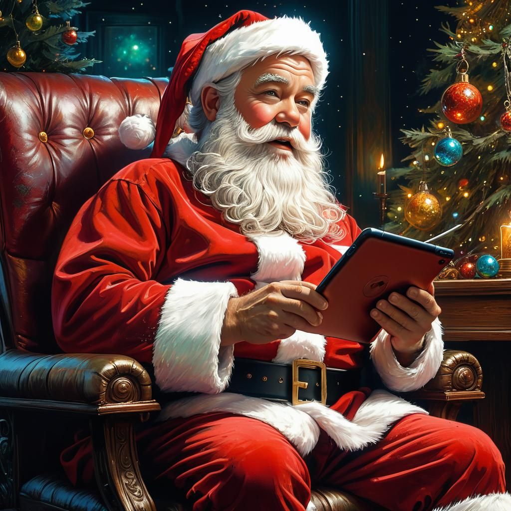 Santa Claus on iPad: Wholesome Oil Painting