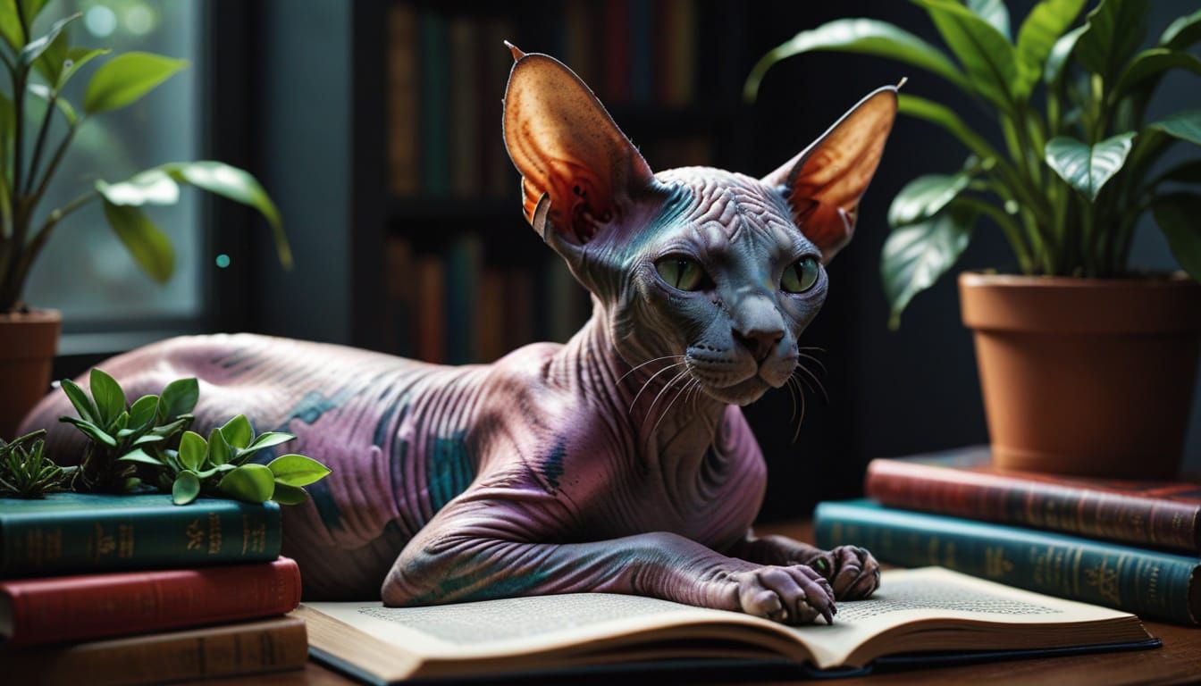 Hairless Cat Relaxing with Books in Alcohol Ink Style