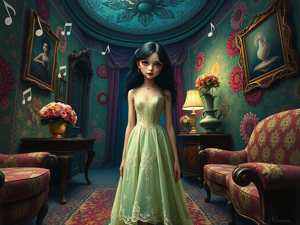 Whimsical Goth Girl in a Strawberry Shortcake Dreamscape