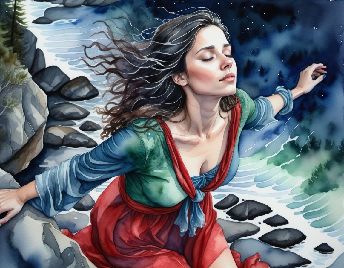 Watercolor Portrait of a Woman by Rocky Shore