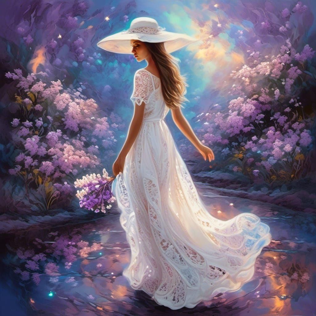 Young Lady in White Dress, Oil Brush Painting