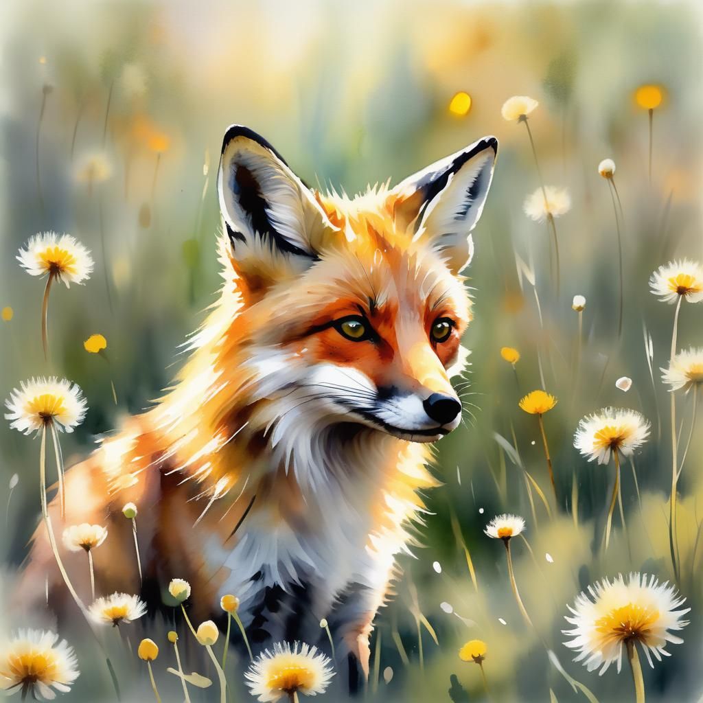 Red Fox in Dandelions: Watercolor Painting