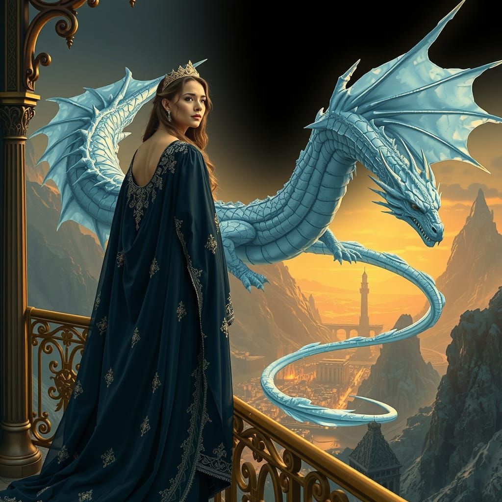 Regal Queen and Ice Dragon in Art Nouveau Fantasy