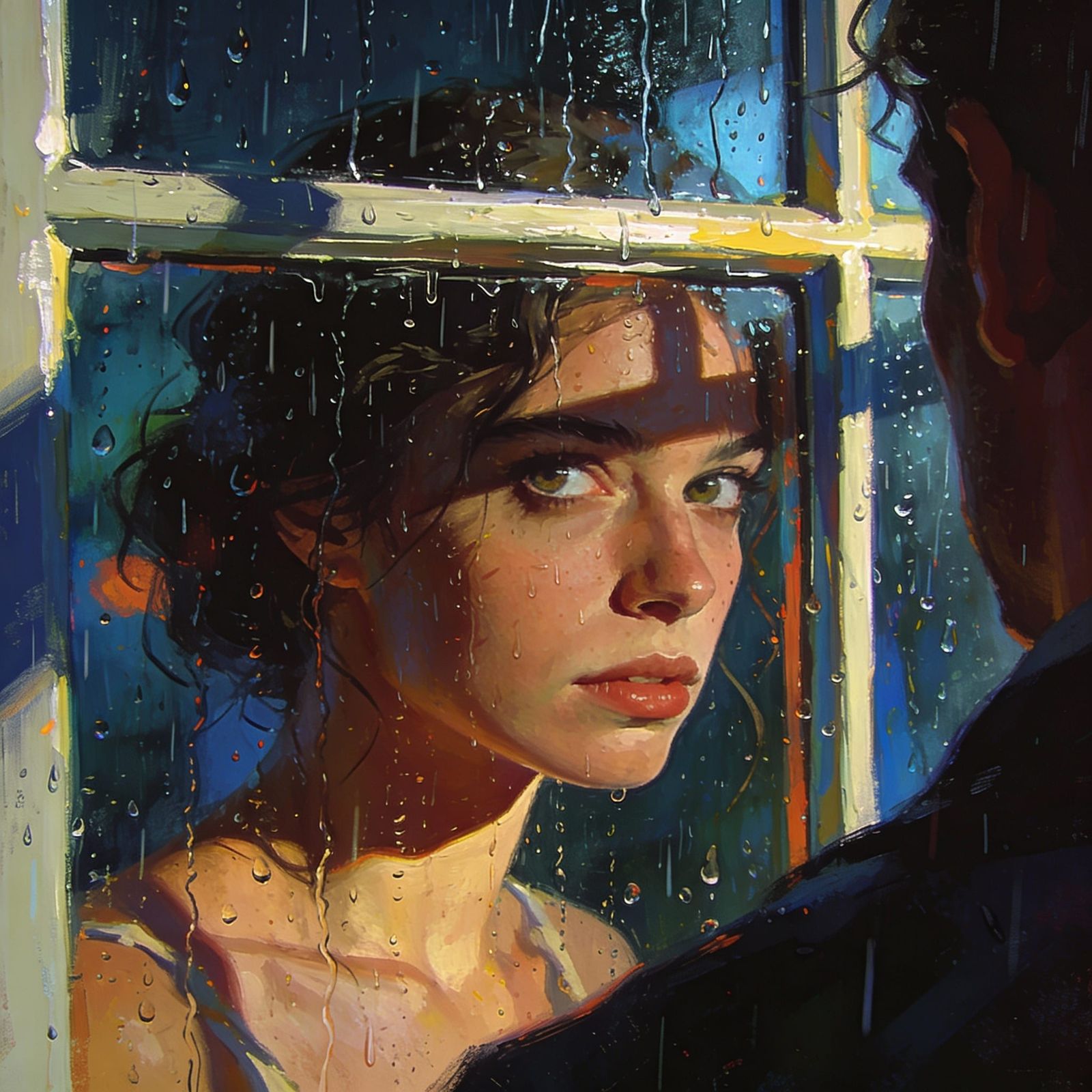 Woman's Face Through Rainy Window in Matte Painting Style