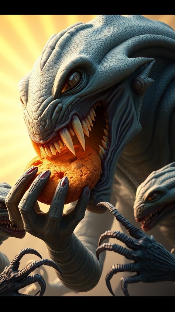 Alien Grak Savoring a Cookie in a Moment of Unexpected Delig...