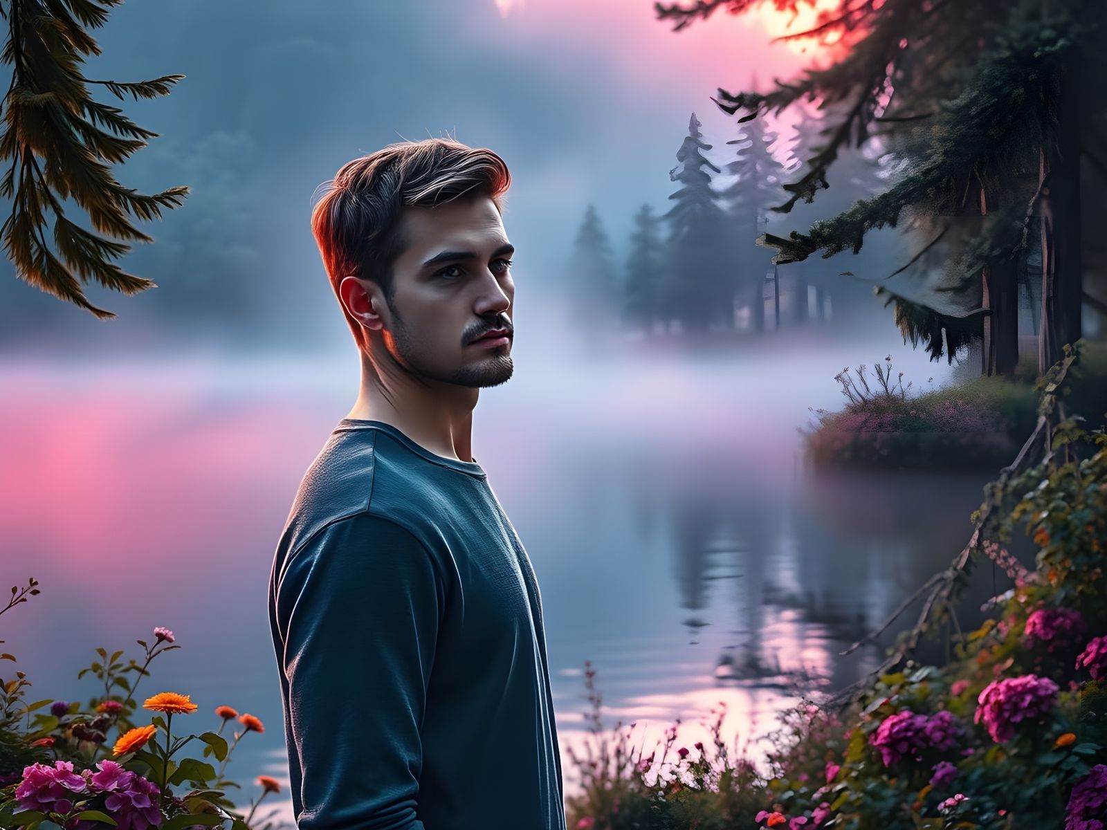 Ethereal Fantasy Lake Scene in Misty Forest