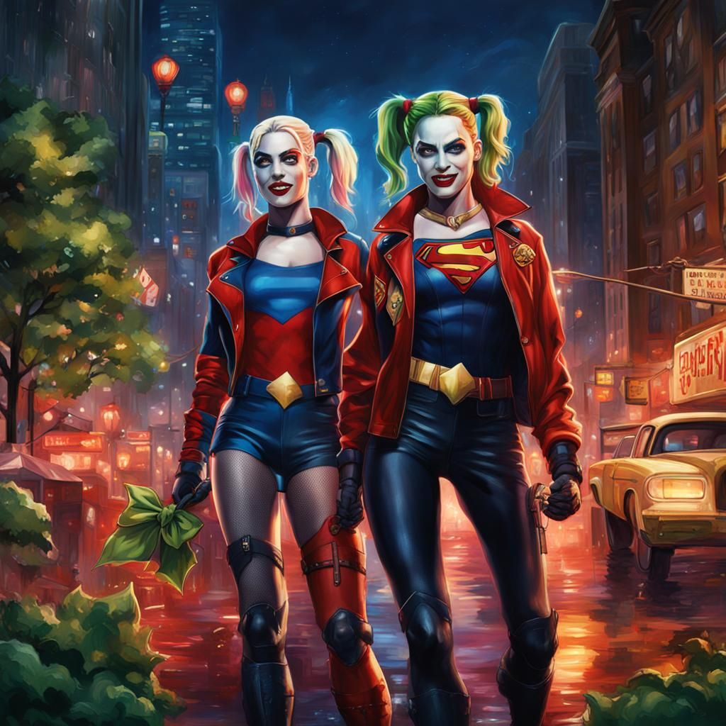 Harley Quinn, Poison Ivy, Supergirl Night Out Oil Painting