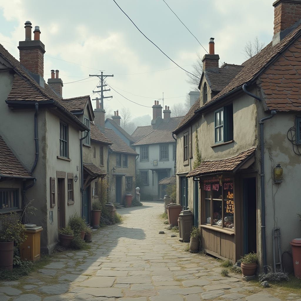 Dystopian Village with Grey Houses and Sausage Shop