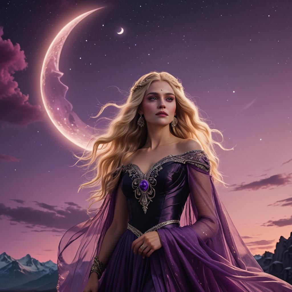 Goddess with Crescent Moon and Aurora in Art Nouveau