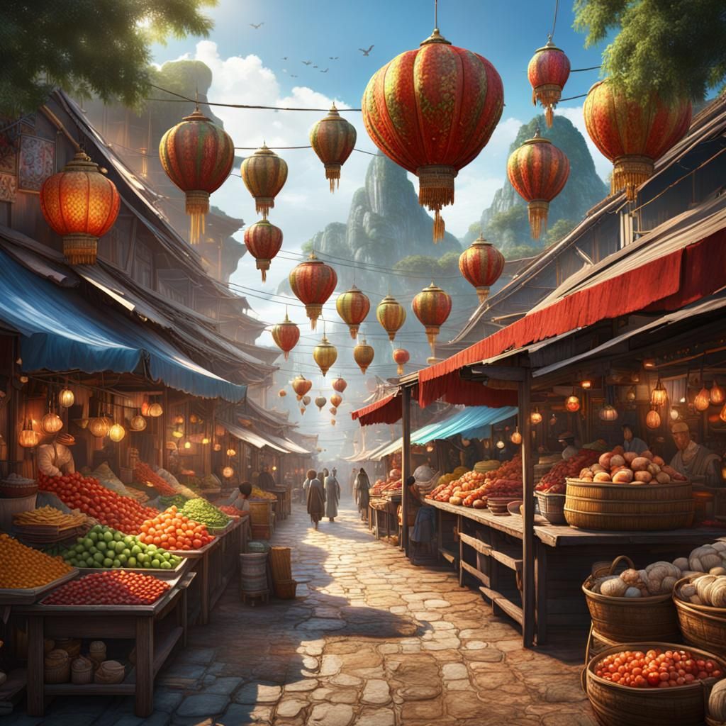 Vibrant Outdoor Market in Thailand: Fantasy Concept Art