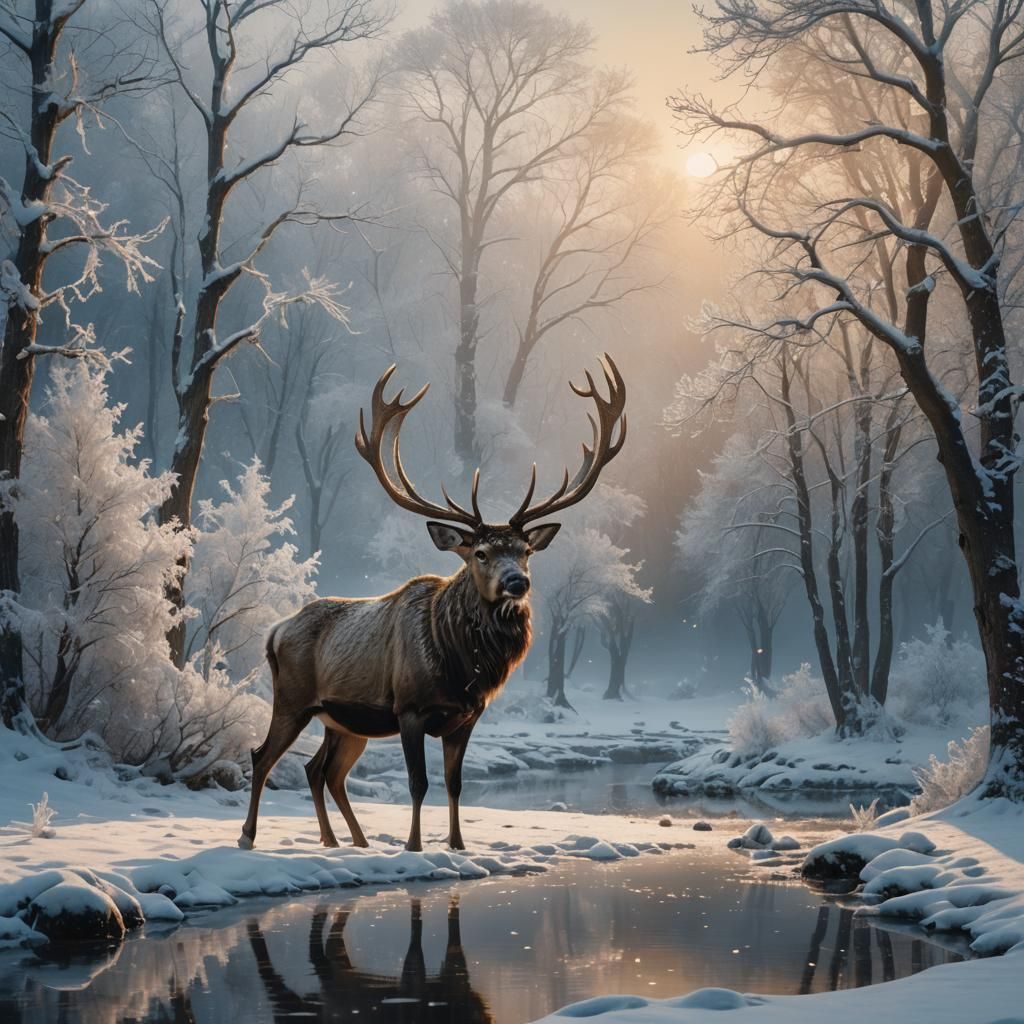 Snow Stag in Winter Wonderland: Digital Matte Painting