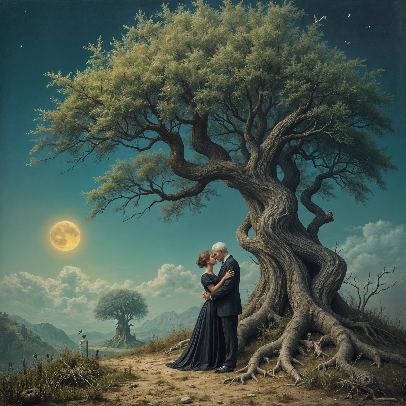 Surreal Couple in Dreamscape, Evoking Ernst and Dali