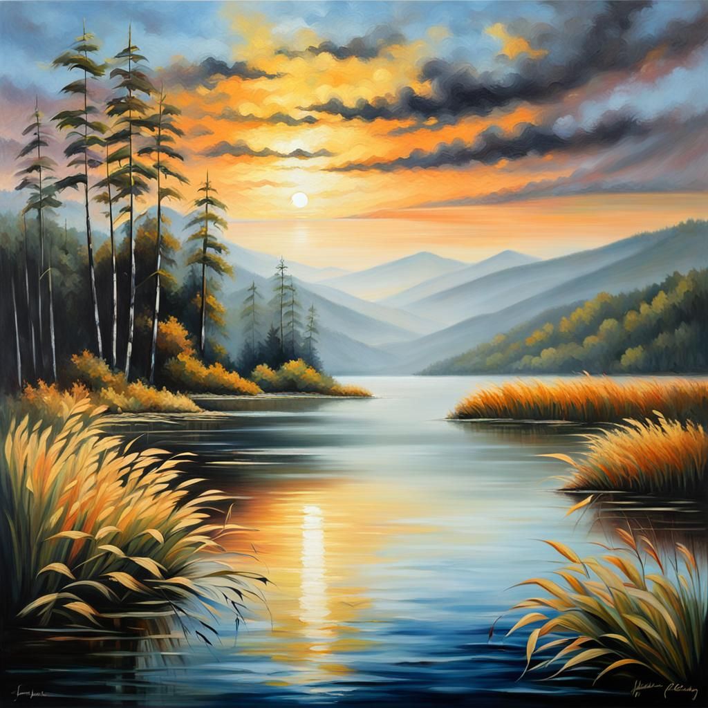 Vivid Sunrise Over Lake, Oil Painting