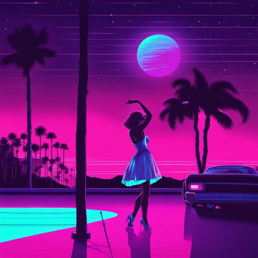 Romantic Dance Under Neon Stars in Synthwave Style